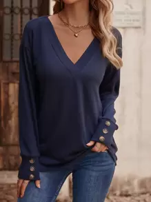 SHEIN LUNE Áo thun nữ Nút màu trơn Giải trí - Màu xanh hải quân - Xem 1