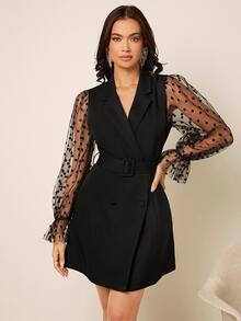 Contrast Polka Dot Mesh Flounce Sleeve Double Breasted Belted Blazer - Black - View 3
