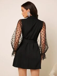 Contrast Polka Dot Mesh Flounce Sleeve Double Breasted Belted Blazer - Black - View 2