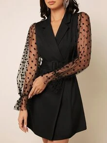 Contrast Polka Dot Mesh Flounce Sleeve Double Breasted Belted Blazer - Black - View 5