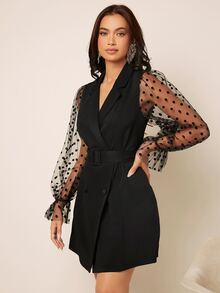 Contrast Polka Dot Mesh Flounce Sleeve Double Breasted Belted Blazer - Black - View 6