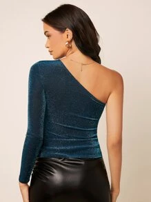 SHEIN BAE 單肩金屬亮絲T恤 - 墨綠色 - 查看 2