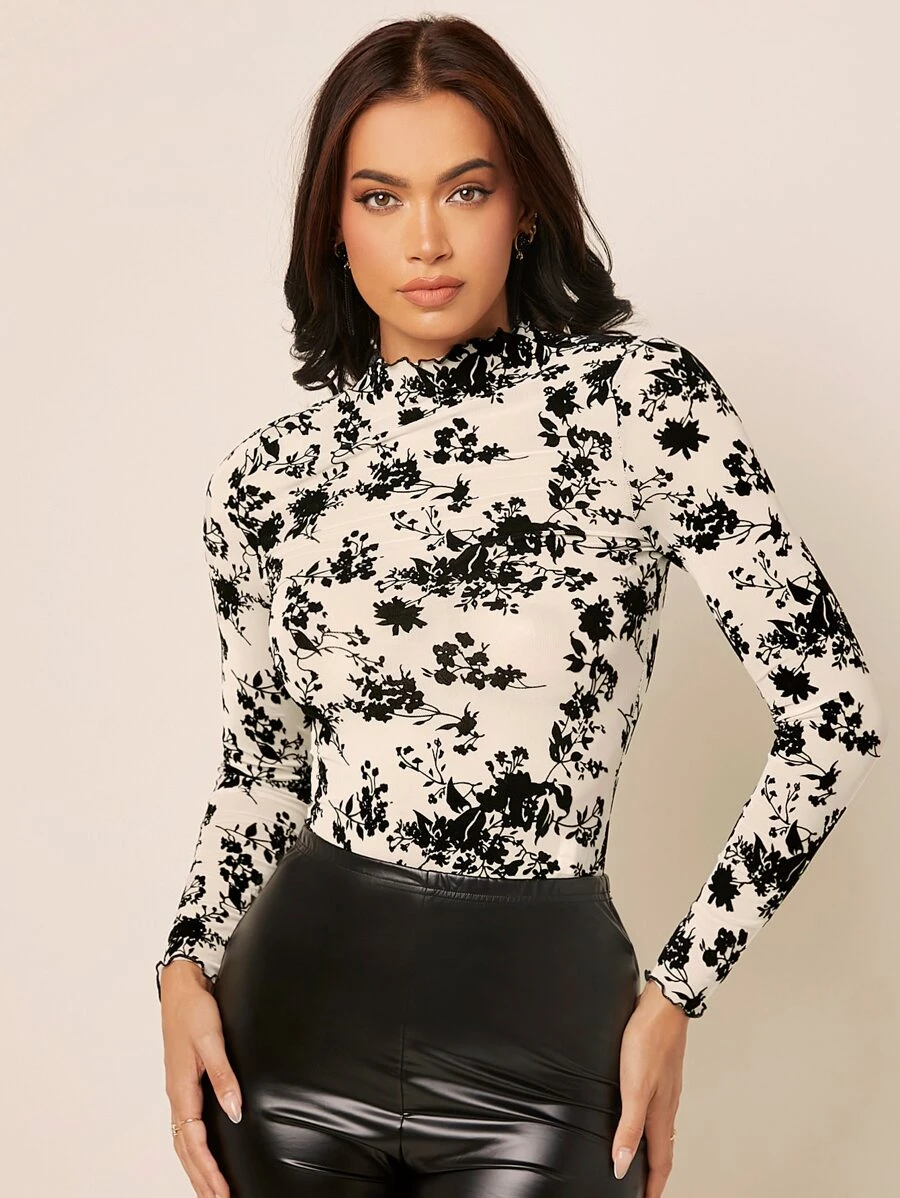 SHEIN Privé Floral Print Mock Neck Mesh Top - Black and White - View 1