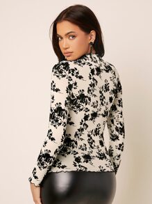 SHEIN Privé Floral Print Mock Neck Mesh Top - Black and White - View 2