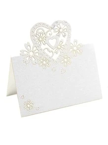10pcs/set Heart Hollow Dinner Name Card, Simple Heart & Flower Design Invitation Card For Household - White - View 3