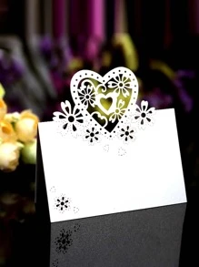 10pcs/set Heart Hollow Dinner Name Card, Simple Heart & Flower Design Invitation Card For Household - White - View 6