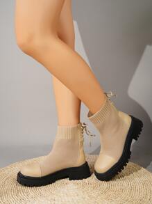 Minimalist Lace-up Back Sock Boots - Apricot - View 5