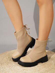 Minimalist Lace-up Back Sock Boots - Apricot - View 6