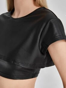 DESIGNED BY TONY Solid Crop PU Leather Top - Black - View 3