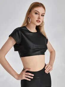 DESIGNED BY TONY Solid Crop PU Leather Top - Black - View 5