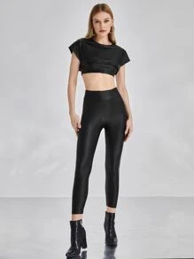 DESIGNED BY TONY Solid Crop PU Leather Top - Black - View 6