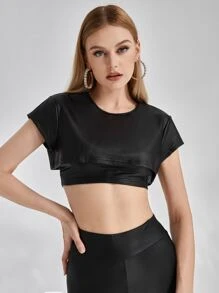 DESIGNED BY TONY Solid Crop PU Leather Top - Black - View 7