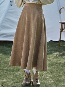 DAZY Casual Side Zipper Solid Corduroy A-Line Skirt, Autumn - Khaki - View 1