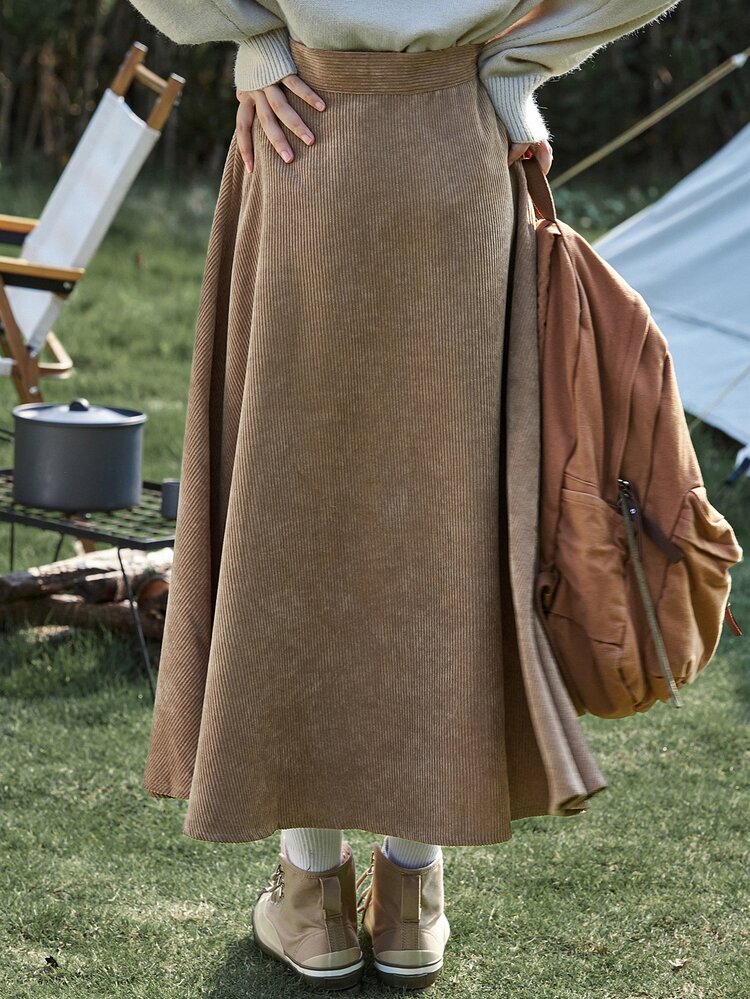 DAZY 休闲侧拉链纯色灯芯绒 A 字裙，秋季 - 卡其色 - 查看 2