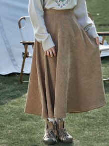 DAZY Casual Side Zipper Solid Corduroy A-Line Skirt, Autumn - Khaki - View 3