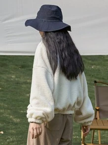 DAZY Letter Embroidery Quarter Zip Drop Shoulder Teddy Sweatshirt Without Tee - Beige - View 2