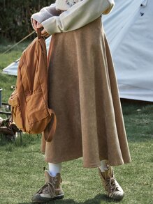DAZY Casual Side Zipper Solid Corduroy A-Line Skirt, Autumn - Khaki - View 5