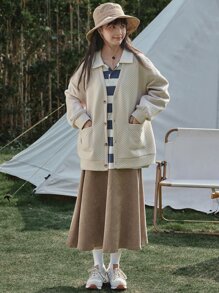 DAZY Casual Side Zipper Solid Corduroy A-Line Skirt, Autumn - Khaki - View 7