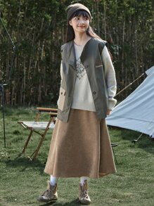 DAZY Casual Side Zipper Solid Corduroy A-Line Skirt, Autumn - Khaki - View 9