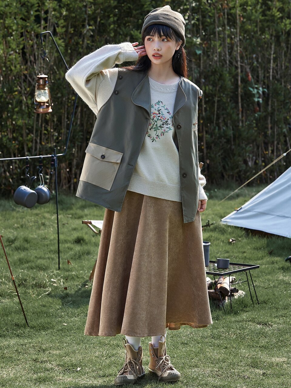 Casual Side Zipper Solid Corduroy Skirt, Autumn