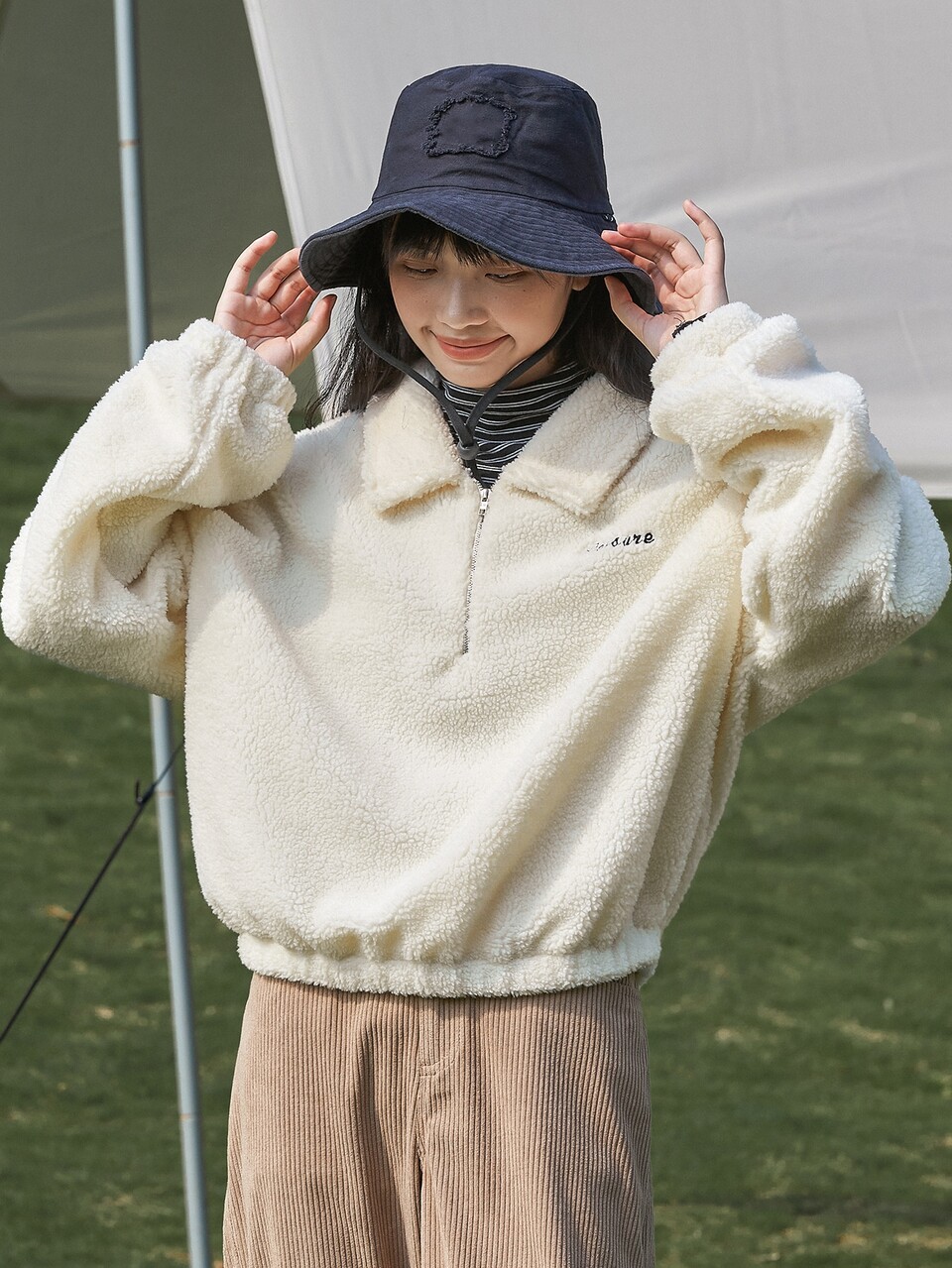Letter Embroidery Quarter Zip Drop Shoulder Teddy Sweatshirt Without Tee