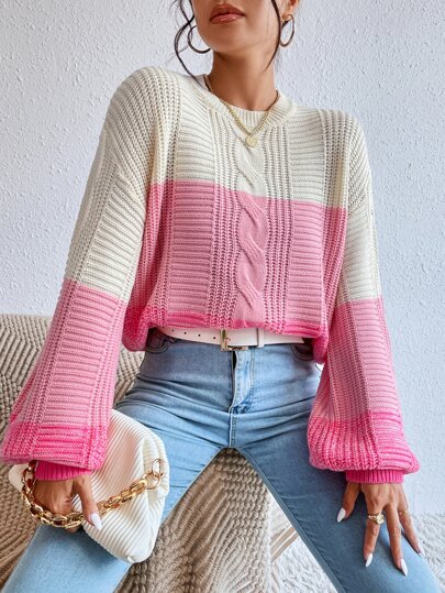 Color Block Cable Knit Drop Shoulder Sweater | SHEIN USA