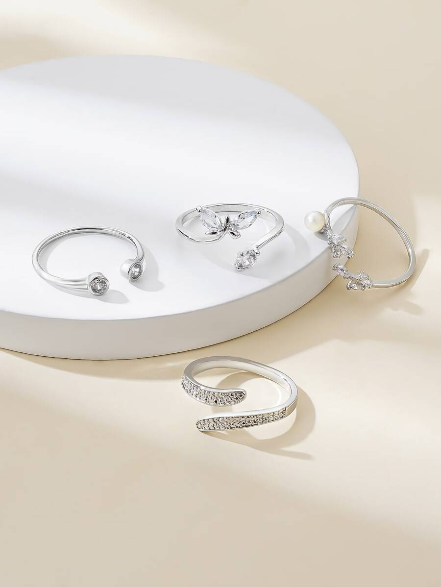 4pcs Vòng cửa tay áo Khối Zirconia  & Trang trí Bướm - Bạc - Xem 1