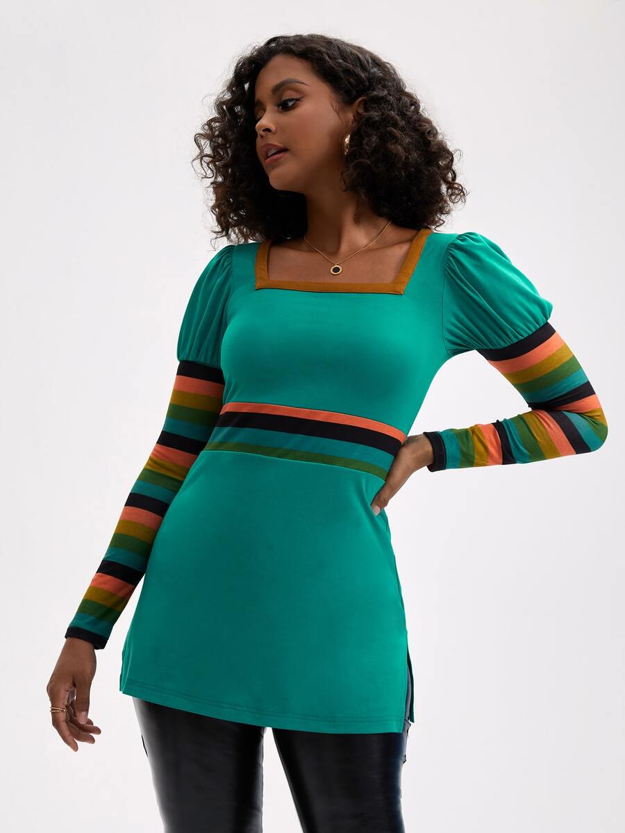 Manic Pop 方領條紋圖案撞色T恤 - 綠色 - 查看 1