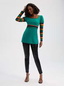 Manic Pop 方領條紋圖案撞色T恤 - 綠色 - 查看 3