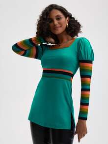 Manic Pop 方領條紋圖案撞色T恤 - 綠色 - 查看 4