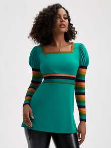 Manic Pop 方領條紋圖案撞色T恤 - 綠色 - 查看 5