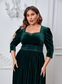Retro Peaches Plus Puff Sleeve Plaid Panel Velvet Dress - Dark Green - View 3
