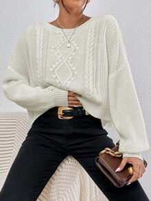 Cable Knit Drop Shoulder Jumper - White - View 4