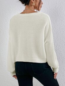 Cable Knit Drop Shoulder Jumper - White - View 2