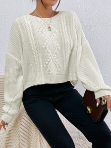 Cable Knit Drop Shoulder Jumper - White - View 3