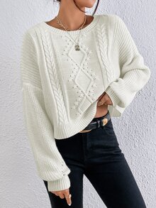 Cable Knit Drop Shoulder Jumper - White - View 6