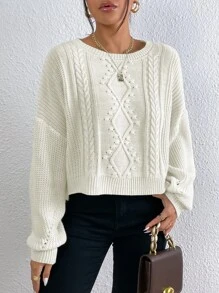 Cable Knit Drop Shoulder Jumper - White - View 1