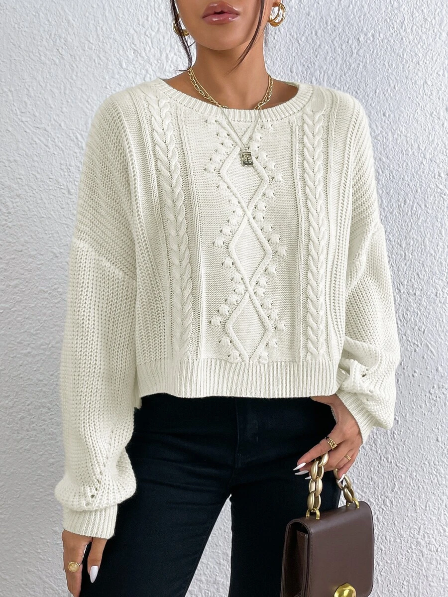 Cable Knit Drop Shoulder Jumper - White - View 1