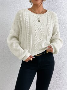 Cable Knit Drop Shoulder Jumper - White - View 5
