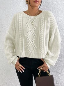 Cable Knit Drop Shoulder Jumper - White - View 7