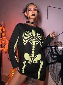 Halloween Skeleton Pattern Sweater Dress - Black - View 3