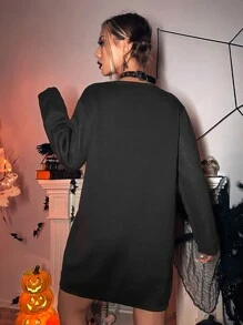 Halloween Skeleton Pattern Sweater Dress - Black - View 4