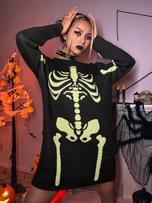 Halloween Skeleton Pattern Sweater Dress - Black - View 5