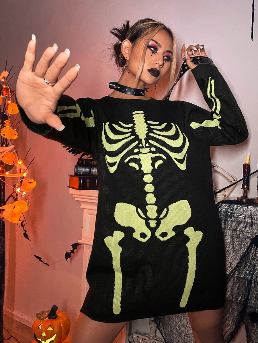Halloween Skeleton Pattern Sweater Dress - Black - View 1