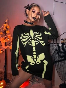 Halloween Skeleton Pattern Sweater Dress - Black - View 2