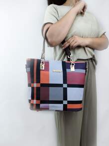 6入組彩塊肩袋套裝時尚手提袋套裝，女士辦公室工作人工皮革手提包套裝，彩塊手提包斜跨肩袋錢包多用途的學生新鮮人畢業生白領教師文具袋套，輕巧、便攜、大容量，商務休閒，適用於少女、女大學生，非常適合辦公室、學院、中學、高中學院、工作、商務、通勤、體育場館、運動、購物、假期 - 查看 7