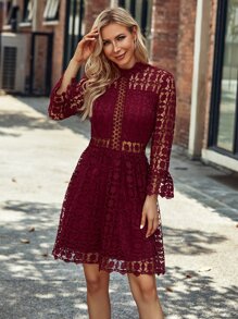 Eilly Bazar Women Elegant Stand Collar Lace Hollow-Out Dress - Burgundy - View 1