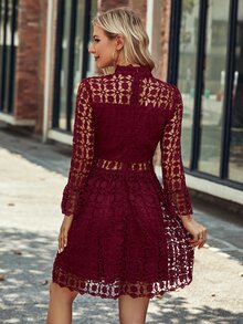 Eilly Bazar Women Elegant Stand Collar Lace Hollow-Out Dress - Burgundy - View 2
