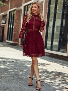 Eilly Bazar Women Elegant Stand Collar Lace Hollow-Out Dress - Burgundy - View 3