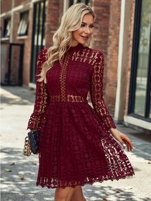 Eilly Bazar Women Elegant Stand Collar Lace Hollow-Out Dress - Burgundy - View 4